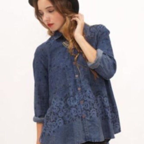 Free People Dottie Over You Chambray Button Up Floral and Plaid Blouse Size S - Picture 13 of 14